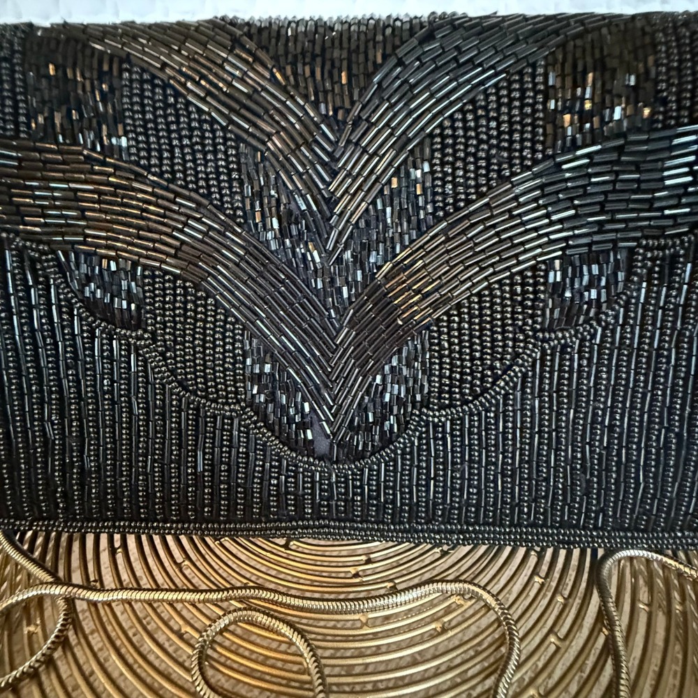 Marshall Field's Vintage Black Glass Beaded‎ Art Deco Evening Clutch Bag Chain